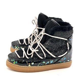Sophia Webster Quentin Glittered Leather, Shearling And Mesh Black Snow Boots